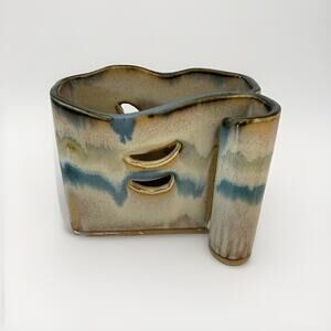 Bay Pottery Ceramic Blue Drip Glaze Pen Note Pad Holder Made in Virginia USA 4”